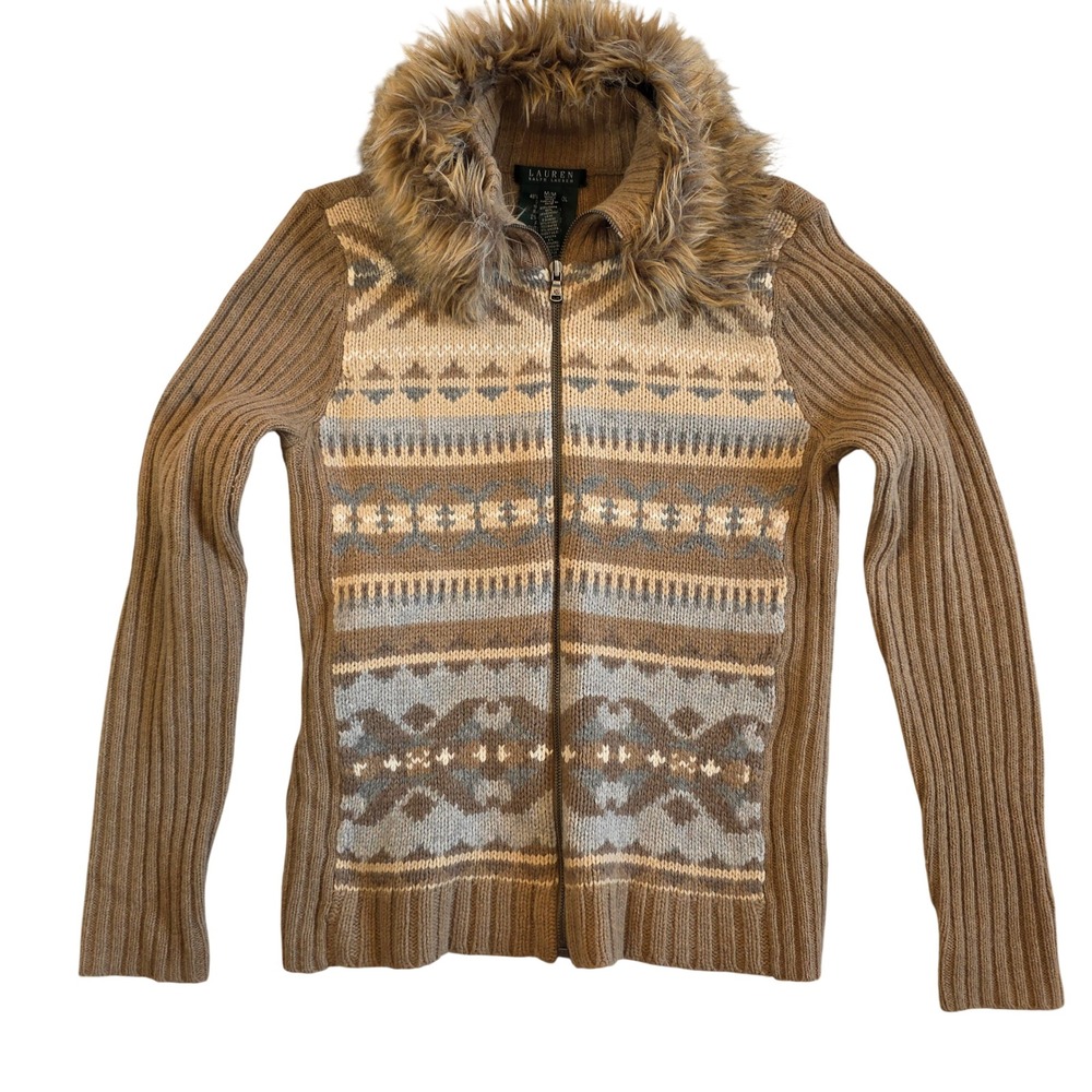 Lauren Ralph Lauren Fair Isle Faux Fur Collar Zip Cardigan Brown Lambswool Blend